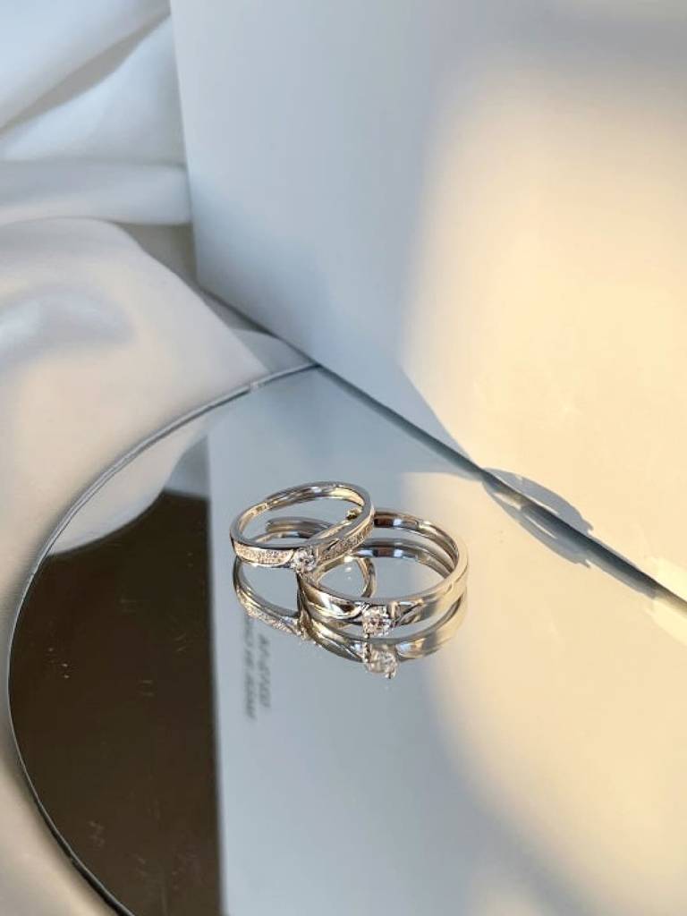 Set Of 2 925 Sterling Silver -Studded Couple Finger Ring : PM-RING-002