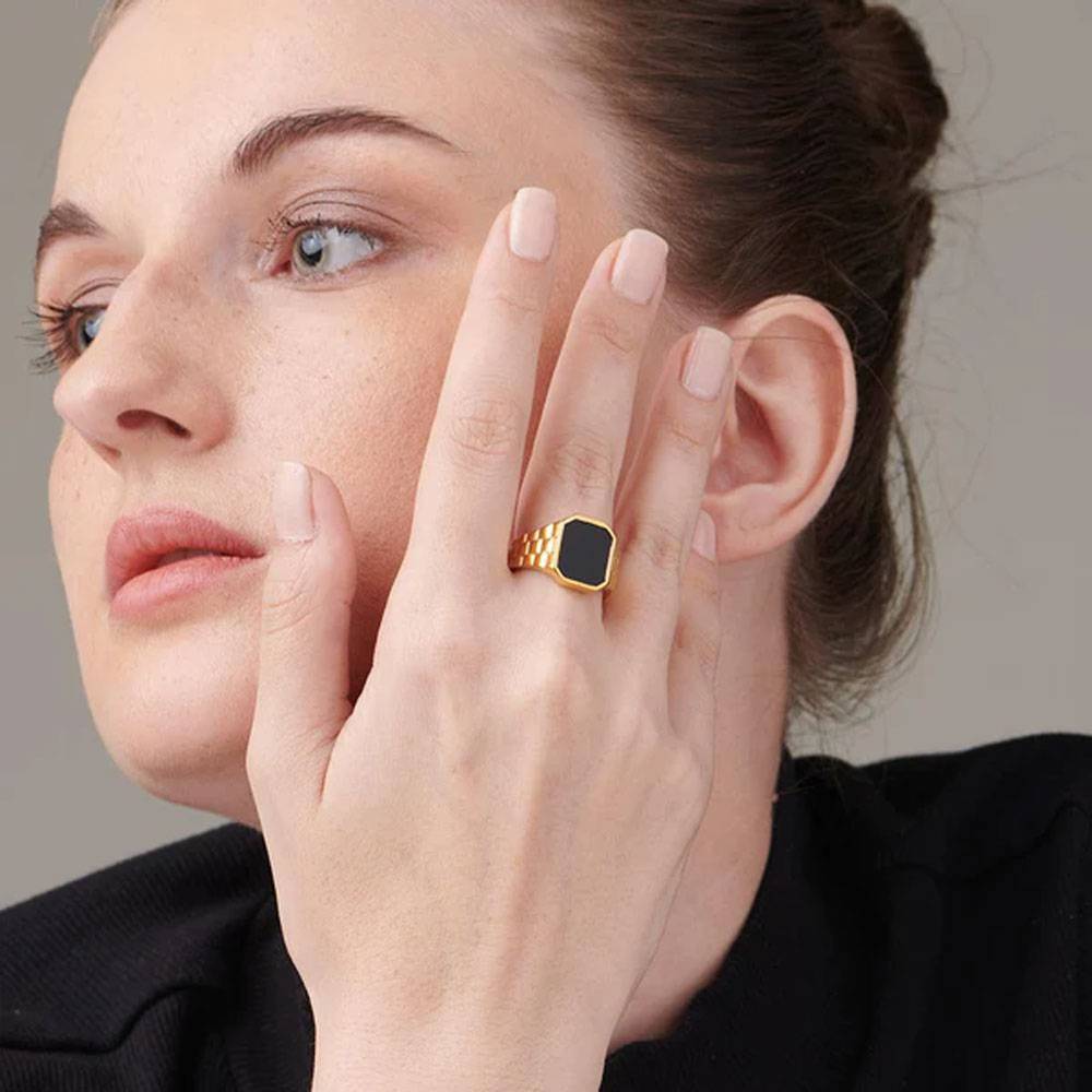 Women Black18K Gold Plated Onyx Finger Ring : PM-RING-027-8