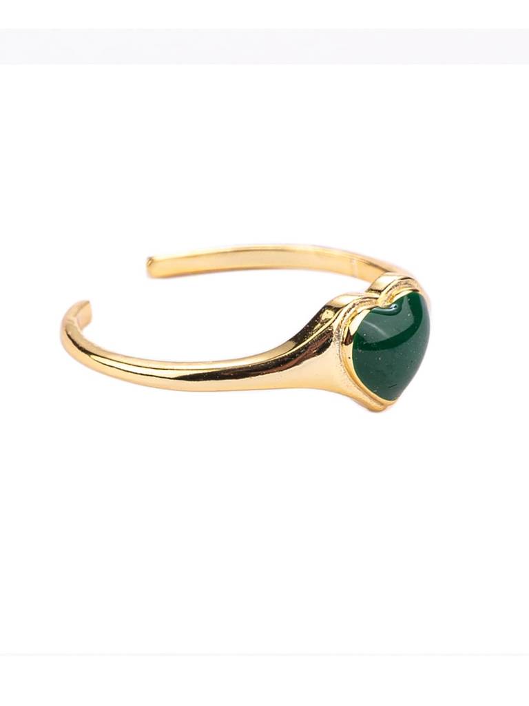 Gold-Plated Green Heart Shaed Design Detailed Finger Ring : PM-RING-039