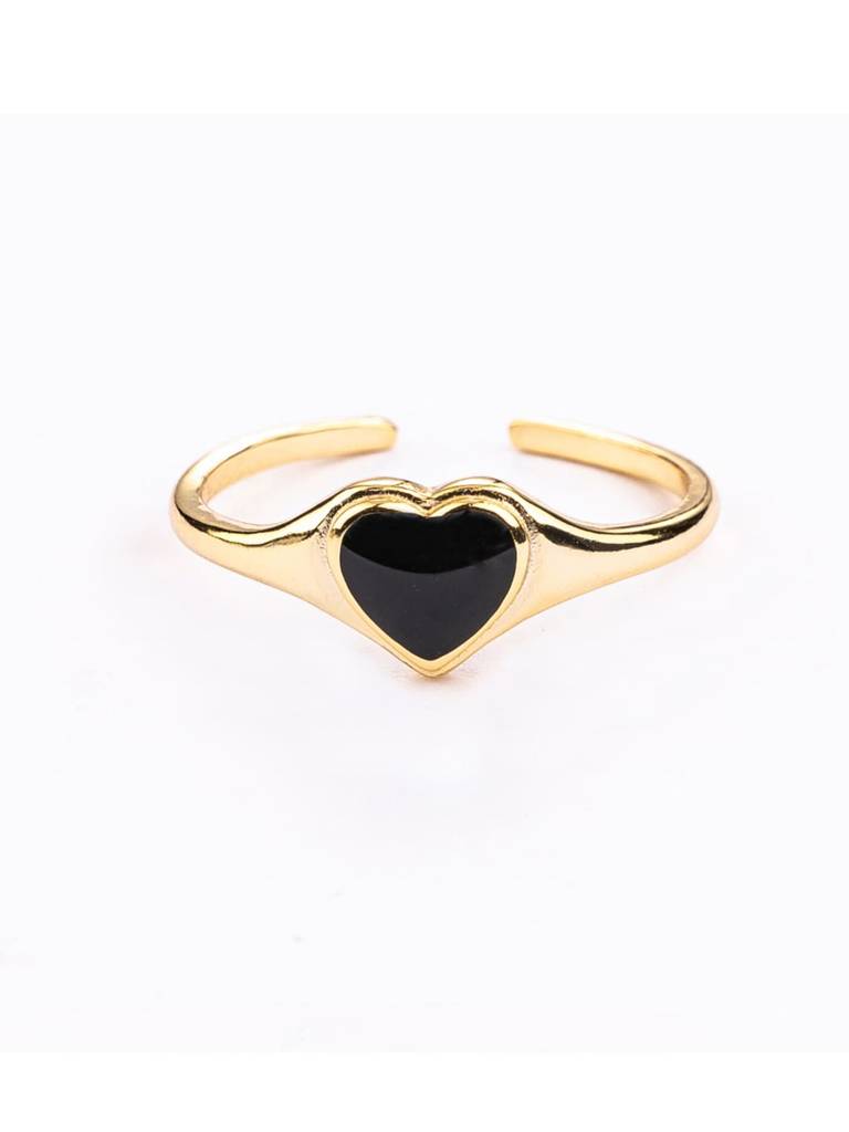 Women 18K Gold Plated Black Onyx-Studded Heart Finger Ring : PM-RING-046