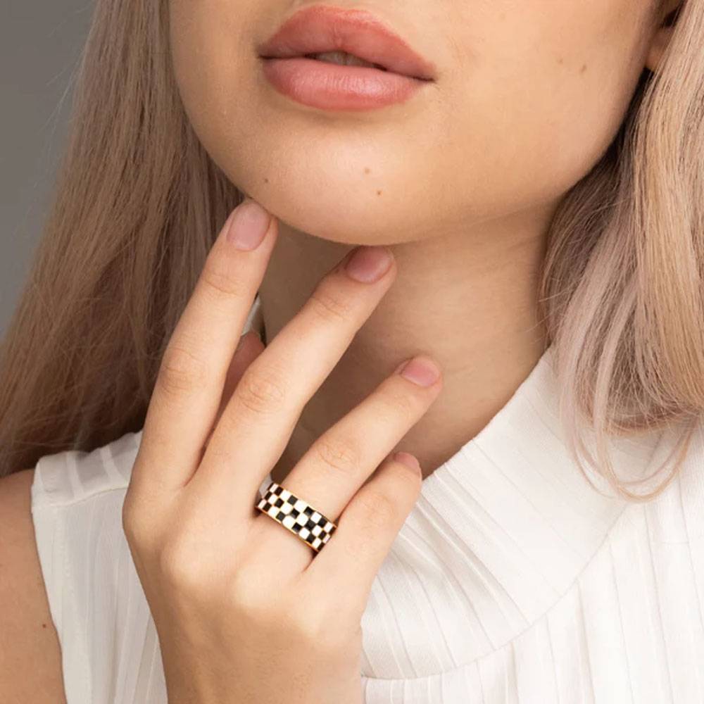 18K Gold-Plated Blue Tri Colour Checkered Finger Ring : PM-RING-086-7