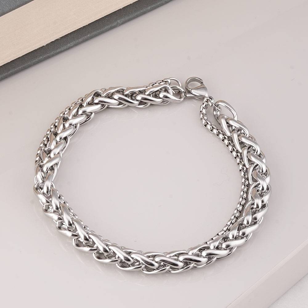 Double Rope Chain Silver Bracelet For Mens - Waterproof & Anti-Tarnish : PMMSSBR276-S