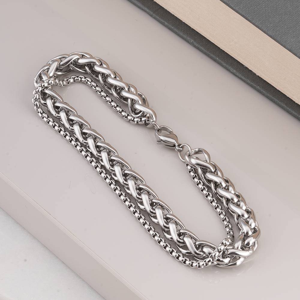 Double Rope Chain Silver Bracelet For Mens - Waterproof & Anti-Tarnish : PMMSSBR276-S