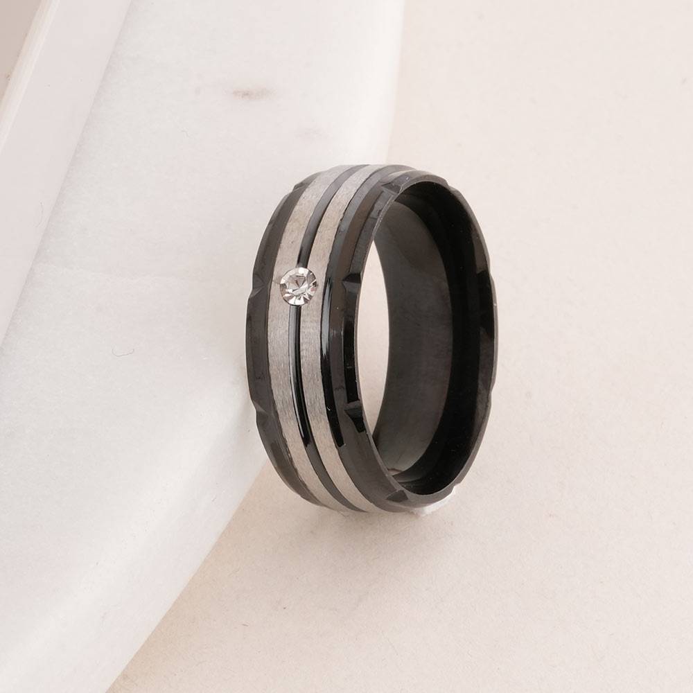 Splendid Silver Black Band Ring For Mens : PMMSSRG554-MC-8