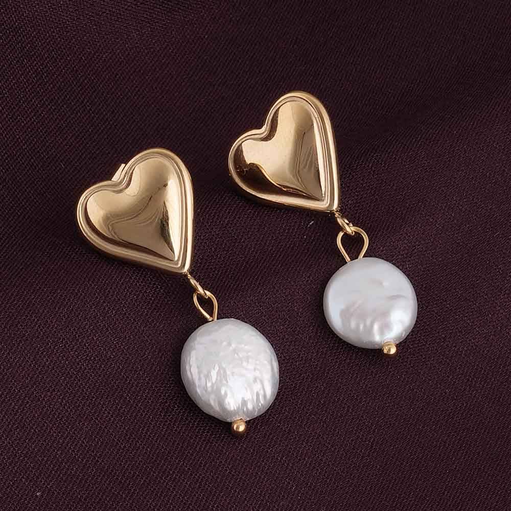 Dangling Pearl Heart Earrings For Womens Waterproof & Anti-Tarnish : PMW01ER003