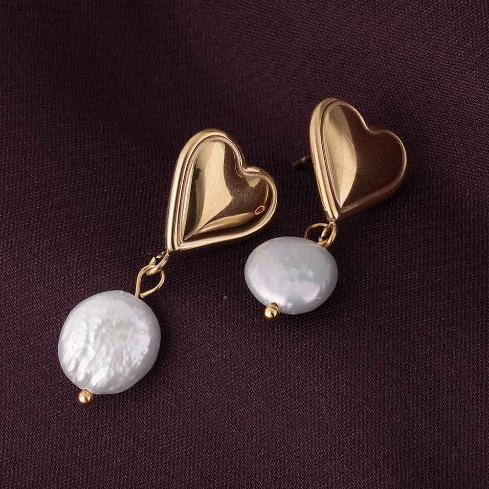 Dangling Pearl Heart Earrings For Womens Waterproof & Anti-Tarnish : PMW01ER003