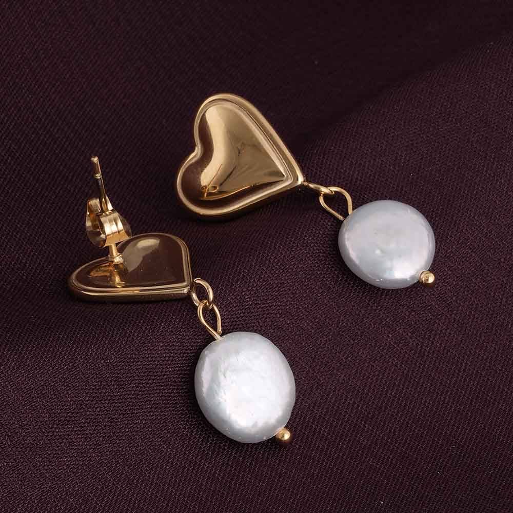 Dangling Pearl Heart Earrings For Womens Waterproof & Anti-Tarnish : PMW01ER003
