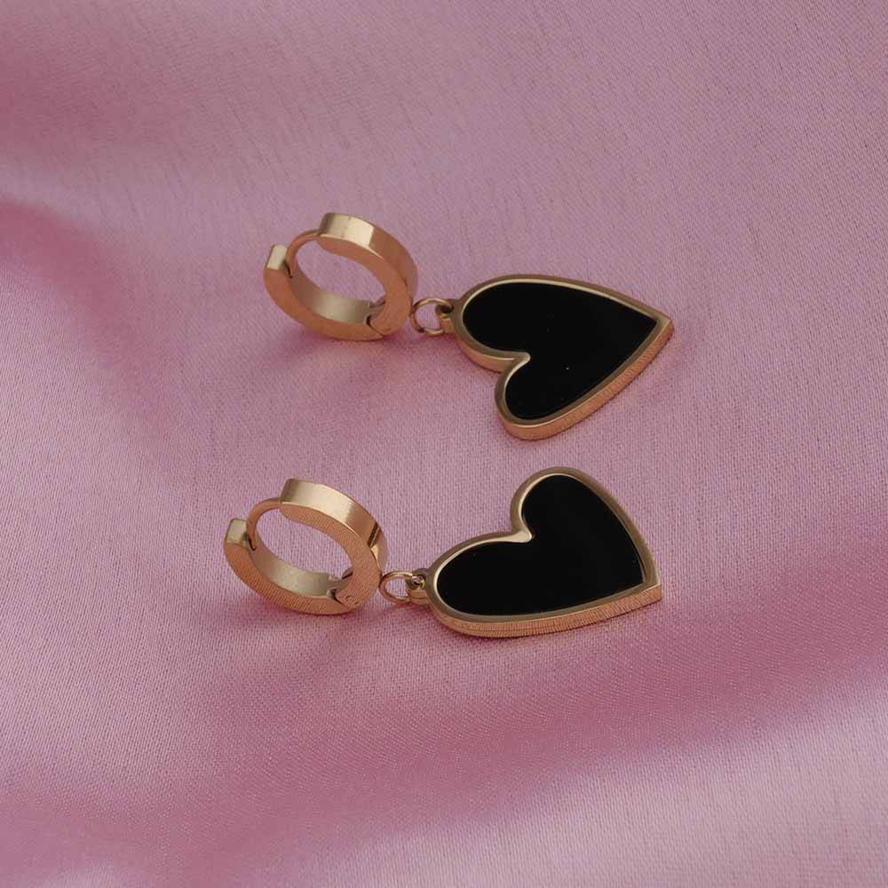 Gold Plated Heart Hoop Earring With Black Enamel : PMW01ER138