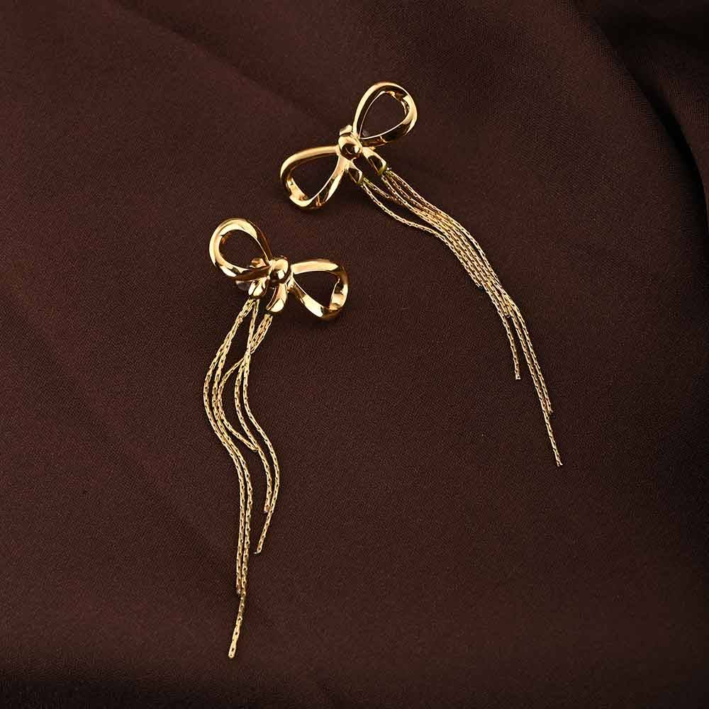 Gold Bow And Tassel Drop Earrings : PMW01ER157