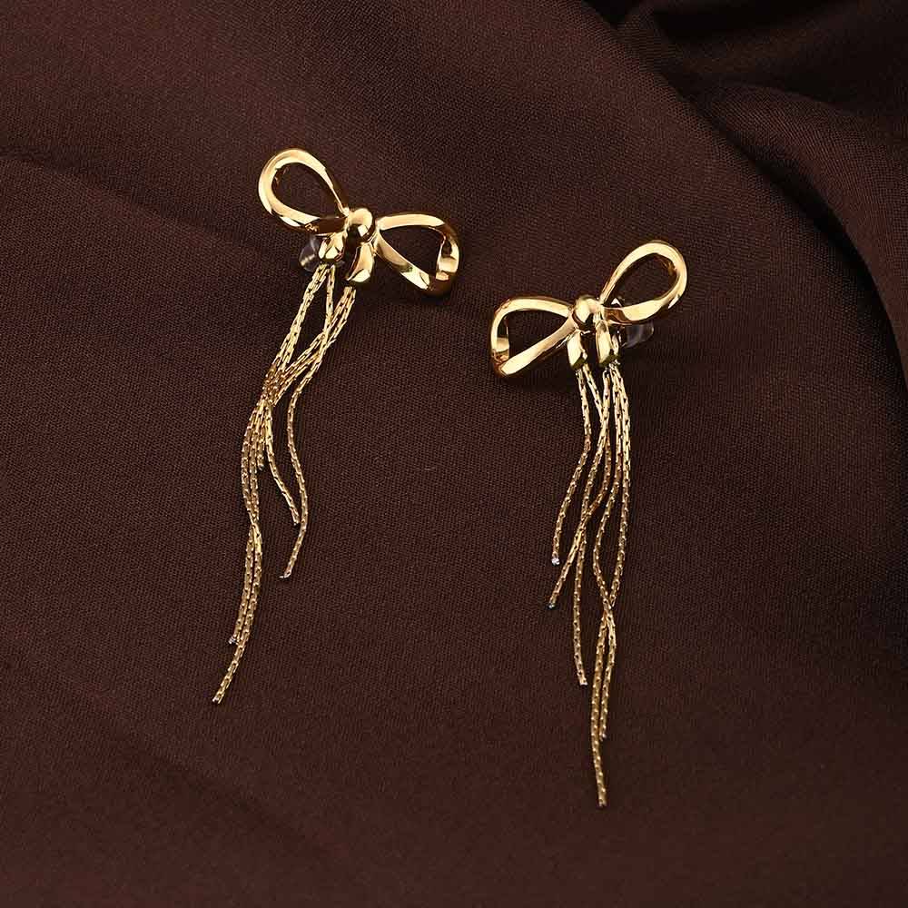 Gold Bow And Tassel Drop Earrings : PMW01ER157