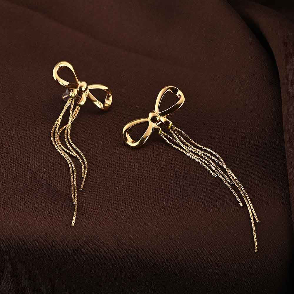 Gold Bow And Tassel Drop Earrings : PMW01ER157