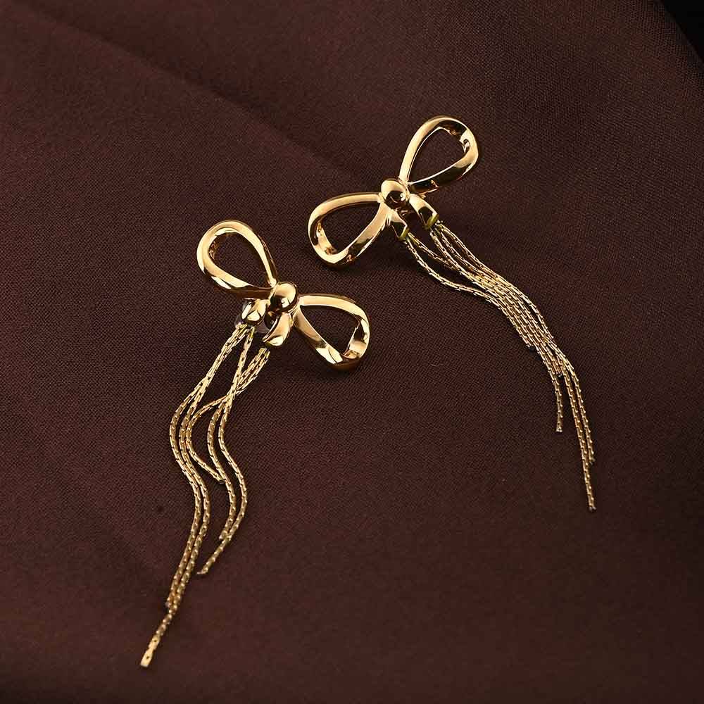 Gold Bow And Tassel Drop Earrings : PMW01ER157