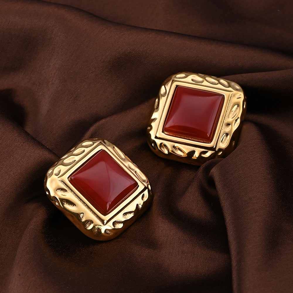 Statement Red Stone Stud Earrings : PMW01ER162