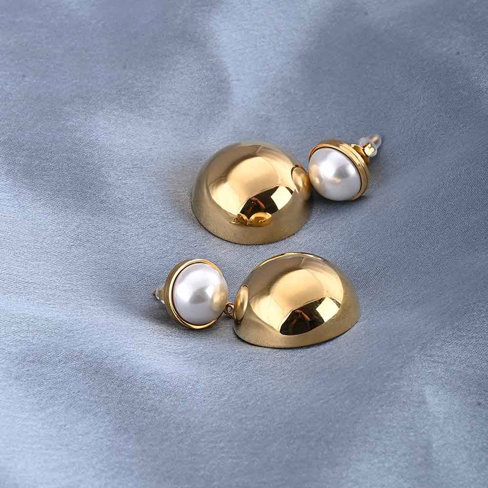 Gold Dome Drop Earrings With Pearl : PMW01ER173