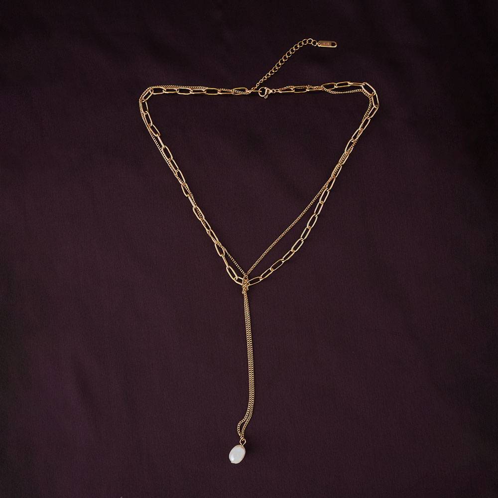 Layered Chain Necklace With Pearl Drop : PMW01NC069