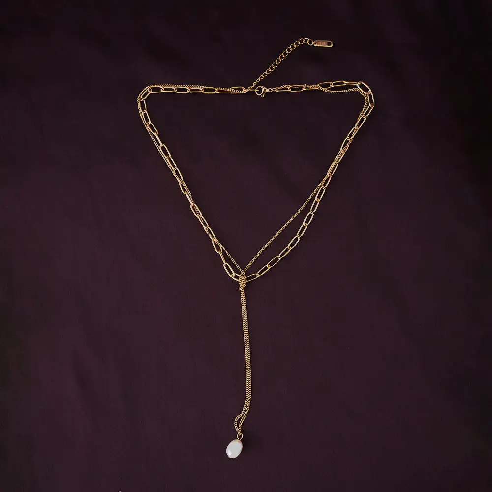 Layered Chain Necklace With Pearl Drop : PMW01NC069