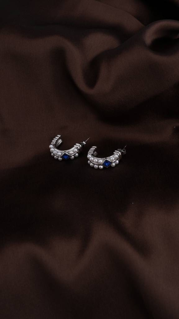 Classic Pearl And Sapphire Silver Hoop Earrings : PMW02ER030