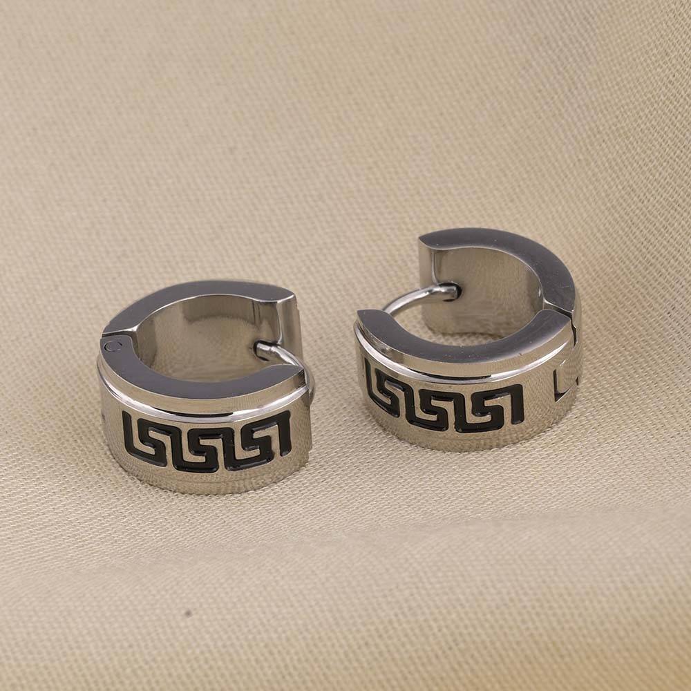 Greek Key Design Silver Hoop Earrings For Womens Waterproof & Anti-Tarnish : PMW02ER045