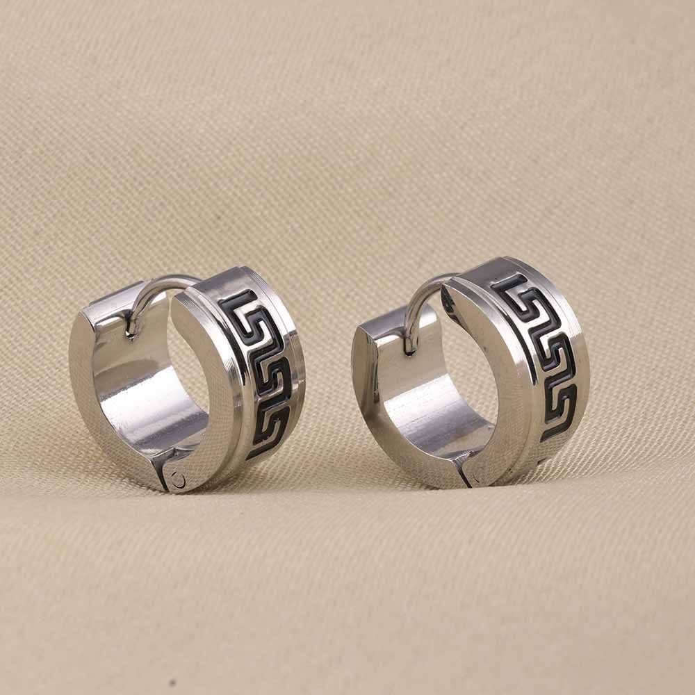 Greek Key Design Silver Hoop Earrings For Womens Waterproof & Anti-Tarnish : PMW02ER045
