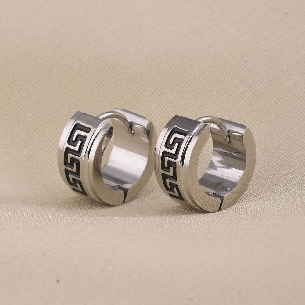 Greek Key Design Silver Hoop Earrings For Womens Waterproof & Anti-Tarnish : PMW02ER045