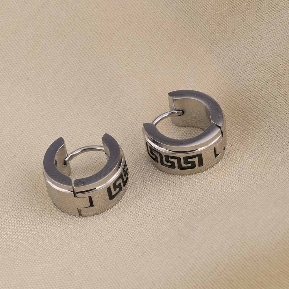 Greek Key Design Silver Hoop Earrings For Womens Waterproof & Anti-Tarnish : PMW02ER045