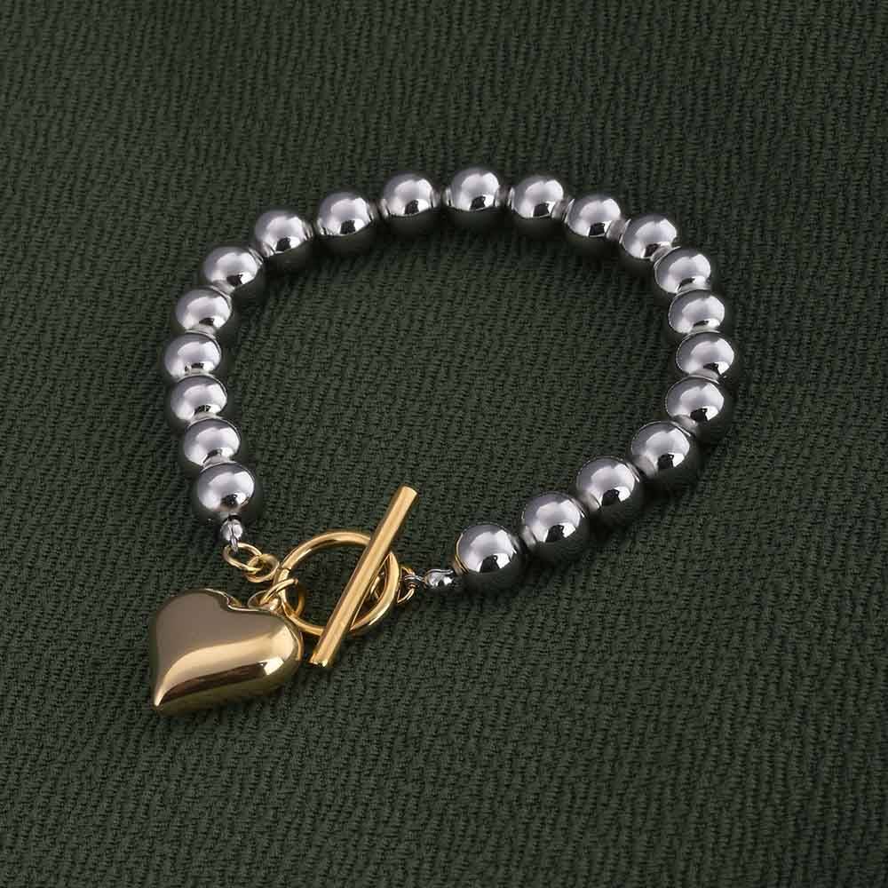 Silver Bead Bracelet With Gold Heart Charm : PMW04BR002