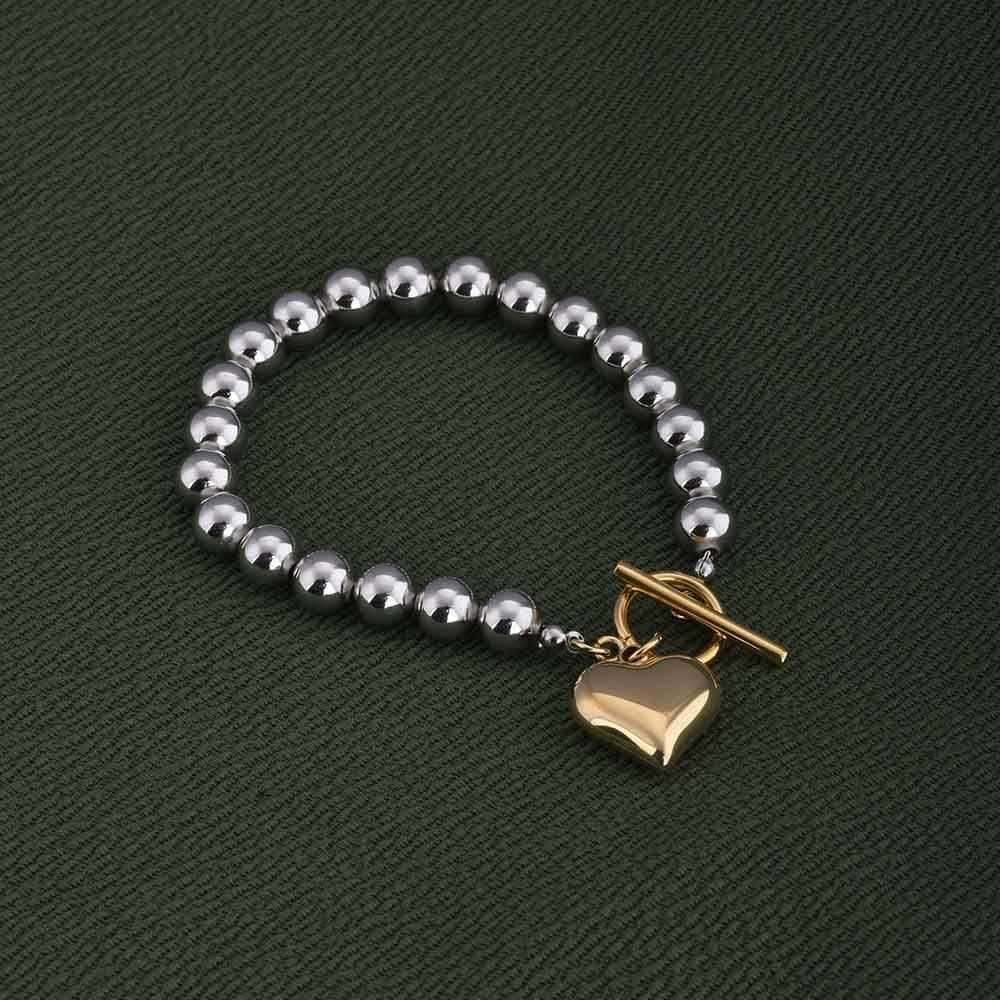 Silver Bead Bracelet With Gold Heart Charm : PMW04BR002