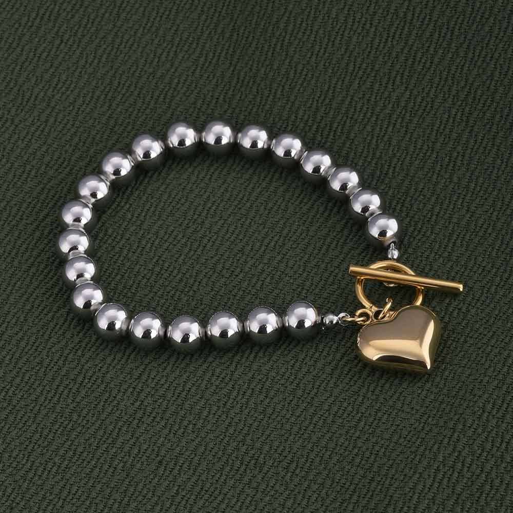 Silver Bead Bracelet With Gold Heart Charm : PMW04BR002