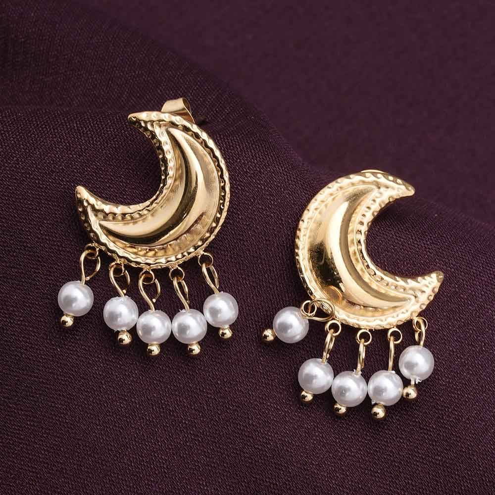 Palmonas Pearl And Moon Stud Earrings For Womens - Waterproof & Anti-Tarnish : PMWSSER233-G