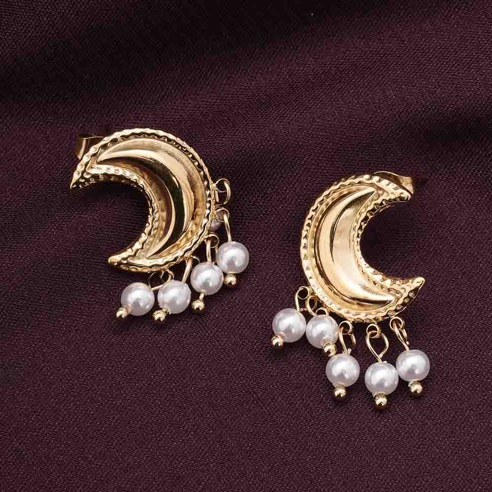 Palmonas Pearl And Moon Stud Earrings For Womens - Waterproof & Anti-Tarnish : PMWSSER233-G