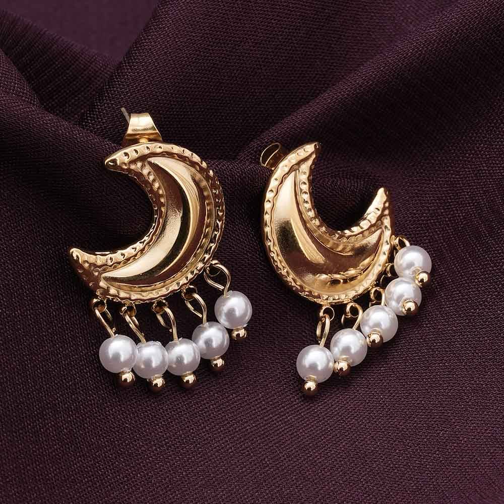 Palmonas Pearl And Moon Stud Earrings For Womens - Waterproof & Anti-Tarnish : PMWSSER233-G