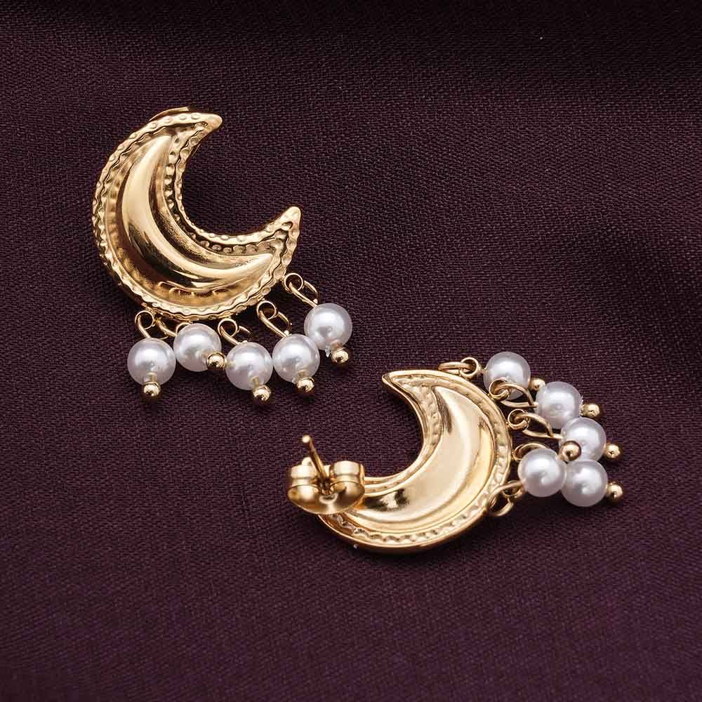 Palmonas Pearl And Moon Stud Earrings For Womens - Waterproof & Anti-Tarnish : PMWSSER233-G