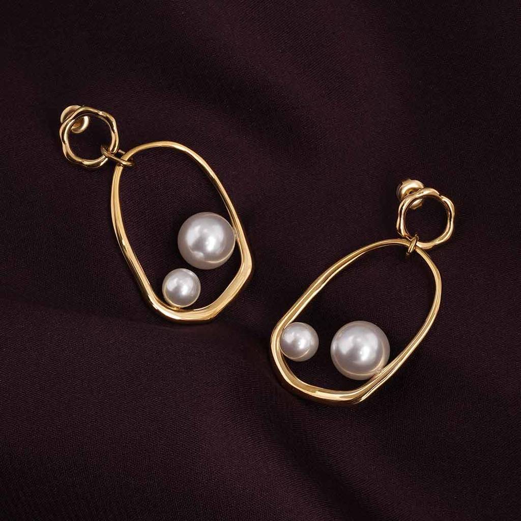 Palmonas Golden Pearl Drop Earrings For Womens - Waterproof & Anti-Tarnish : PMWSSER324-G