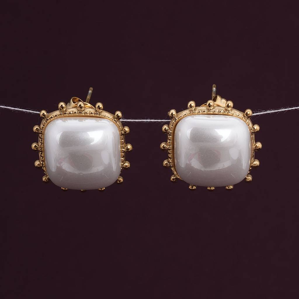 Palmonas Simple Square White Pearl Stud Earrings For Womens - Waterproof & Anti-Tarnish : PMWSSER327-G