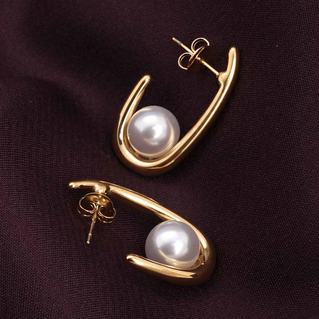 Palmonas Pearl Elegance Hoop Earrings For Womens - Waterproof & Anti-Tarnish : PMWSSER330-G