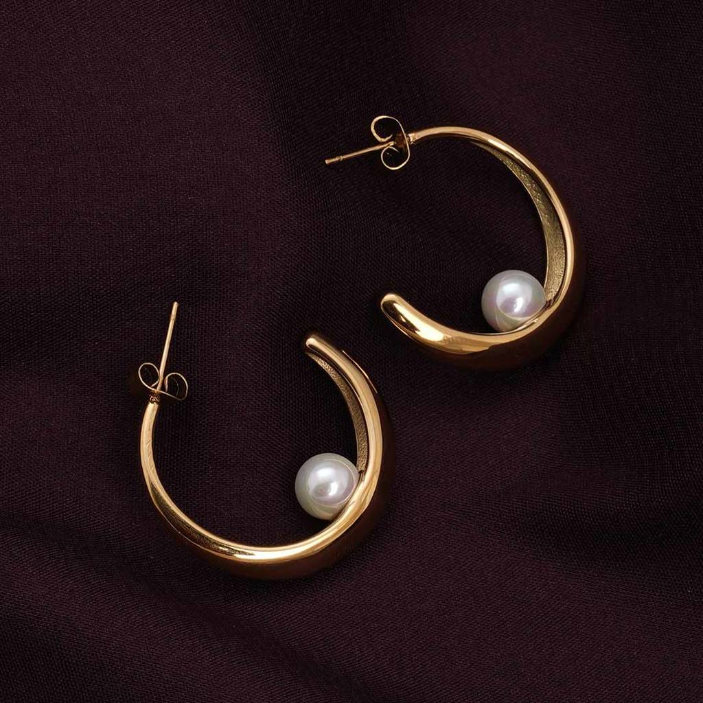 Palmonas Dainty Simple Pearl Half Hoop Earrings For Womens - Waterproof & Anti-Tarnish : PMWSSER332-G