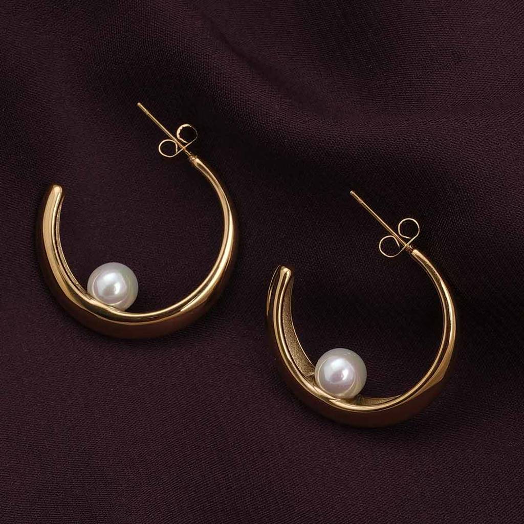 Palmonas Dainty Simple Pearl Half Hoop Earrings For Womens - Waterproof & Anti-Tarnish : PMWSSER332-G