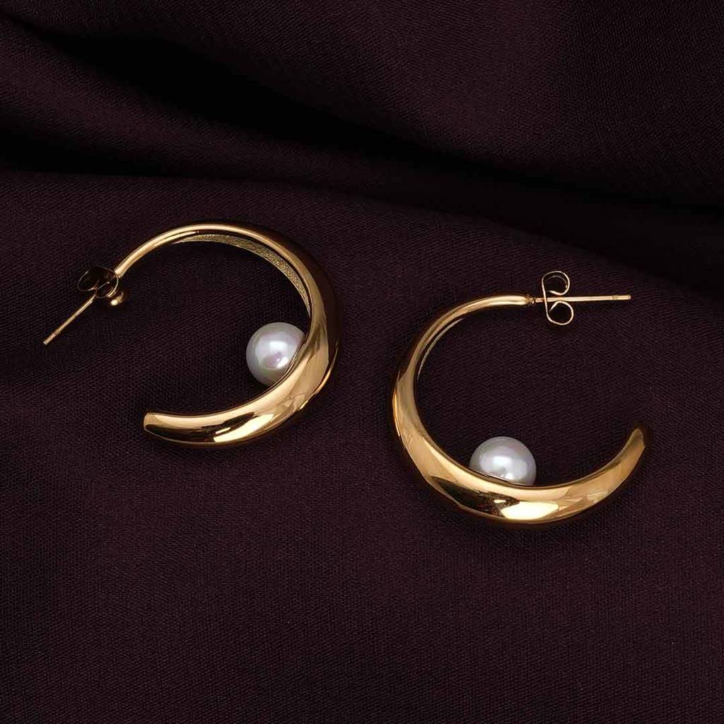 Palmonas Dainty Simple Pearl Half Hoop Earrings For Womens - Waterproof & Anti-Tarnish : PMWSSER332-G