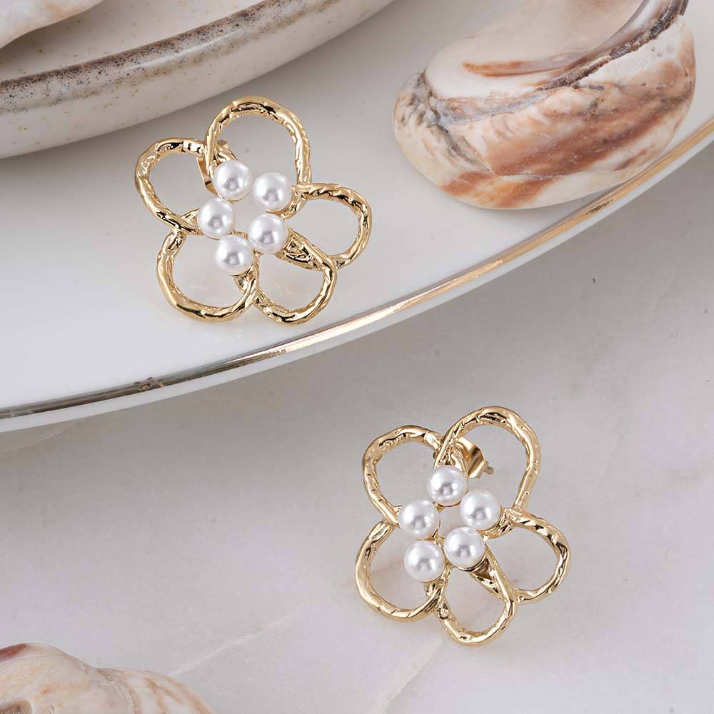 Palmonas Gold Flower Pearl Earrings For Womens - Waterproof & Anti-Tarnish : PMWSSER467-G