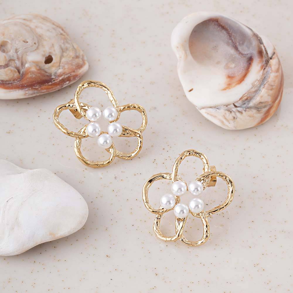 Palmonas Gold Flower Pearl Earrings For Womens - Waterproof & Anti-Tarnish : PMWSSER467-G