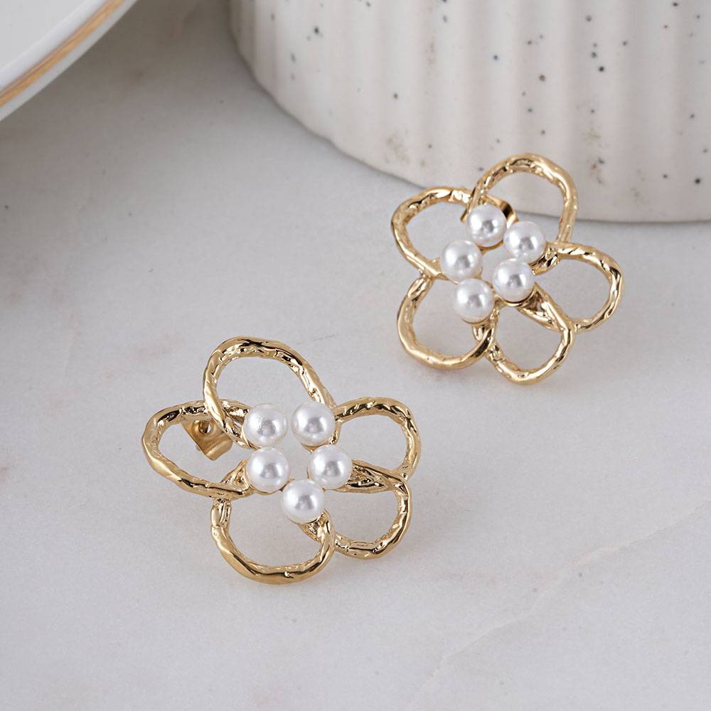 Palmonas Gold Flower Pearl Earrings For Womens - Waterproof & Anti-Tarnish : PMWSSER467-G