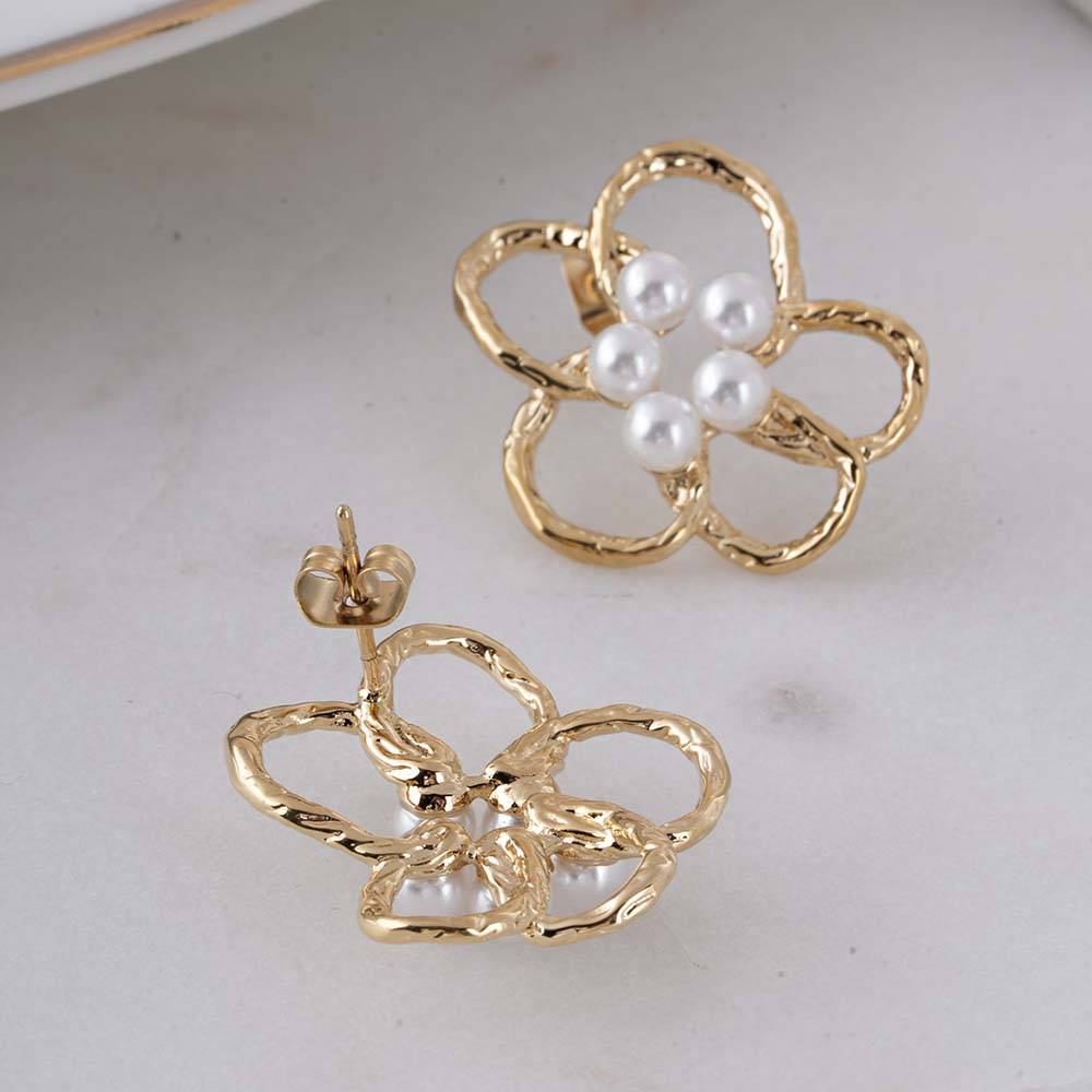 Palmonas Gold Flower Pearl Earrings For Womens - Waterproof & Anti-Tarnish : PMWSSER467-G