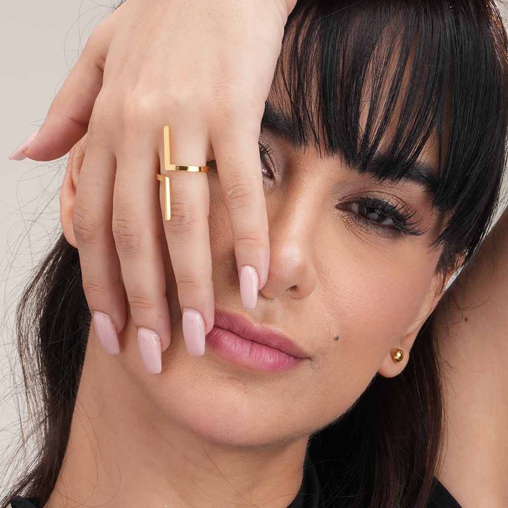 Palmonas Modern L-Shaped Gold Band Ring For Womens - Waterproof & Anti-Tarnish : PMWSSRG089-G-A