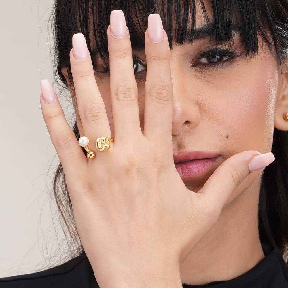 Palmonas Pearl Smooth Spherical Shaped Gold Ring For Womens - Waterproof & Anti-Tarnish : PMWSSRG115-G-A