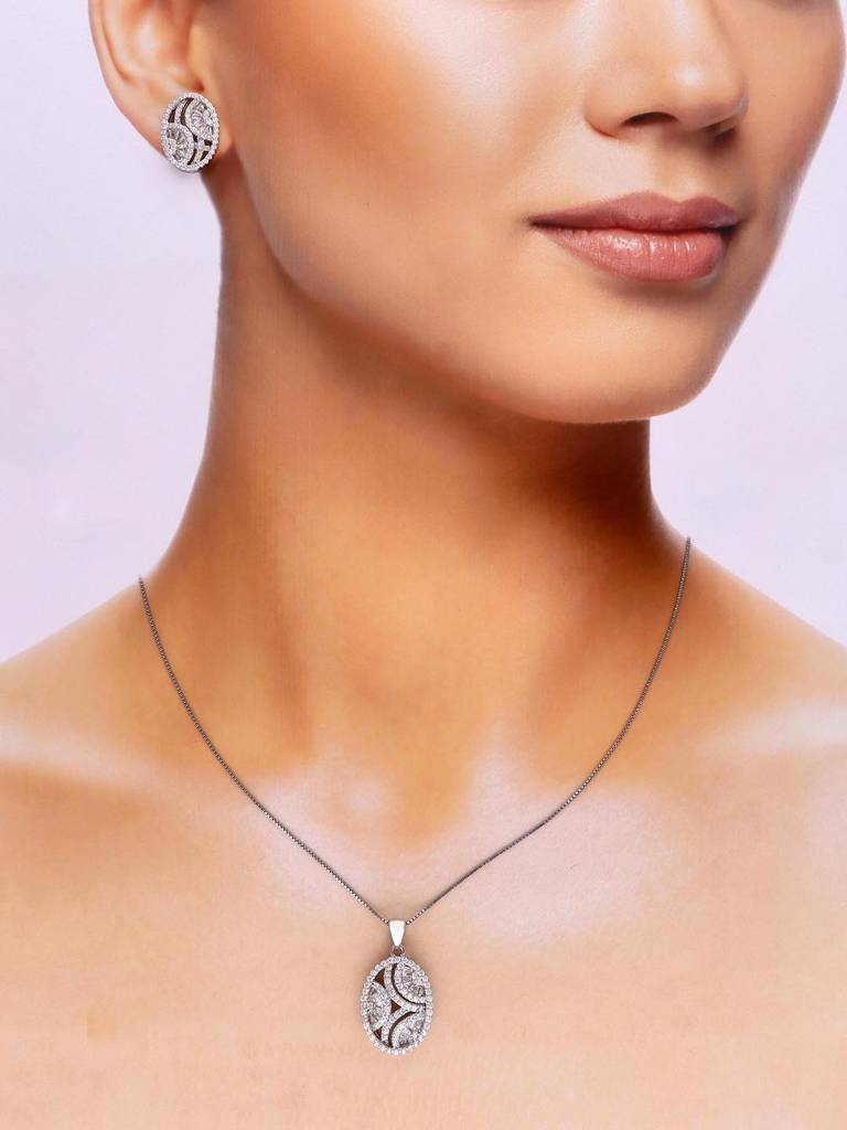 Sterling Opulent Ovals Zircon Pendant With Chain & Earrings Set : PSCP100-S-NA