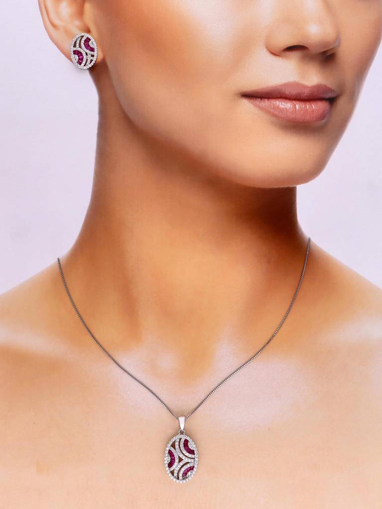 Sterling Ovals Zircon Pendant With Chain & Earrings Set : PSCP101-S-NA