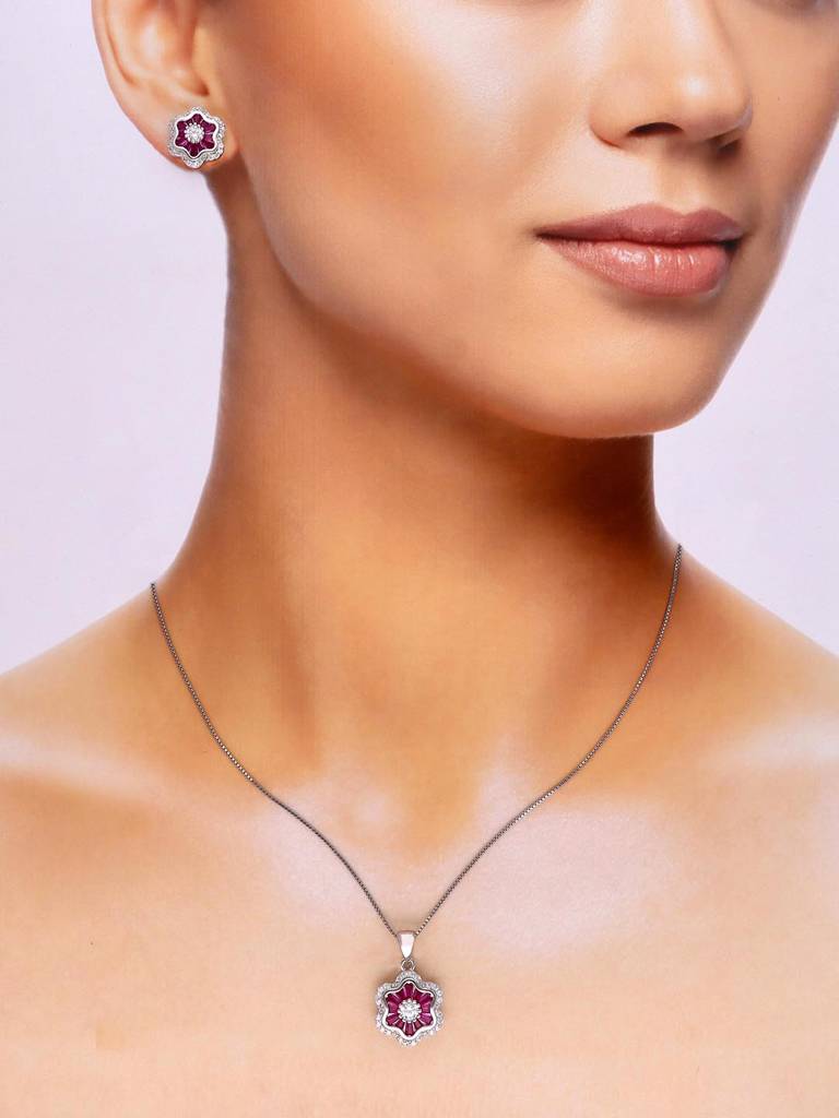 Sterling Crystals Zircon Pendant With Chain & Earrings Set : PSCP107-S-NA