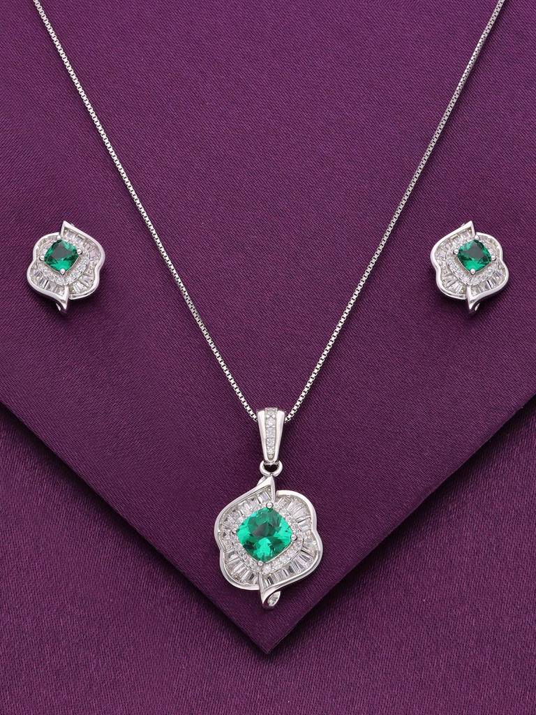 Sterling Stylish Green Flora Zircon Pendant With Chain & Earrings Set : PSCP111-S-NA