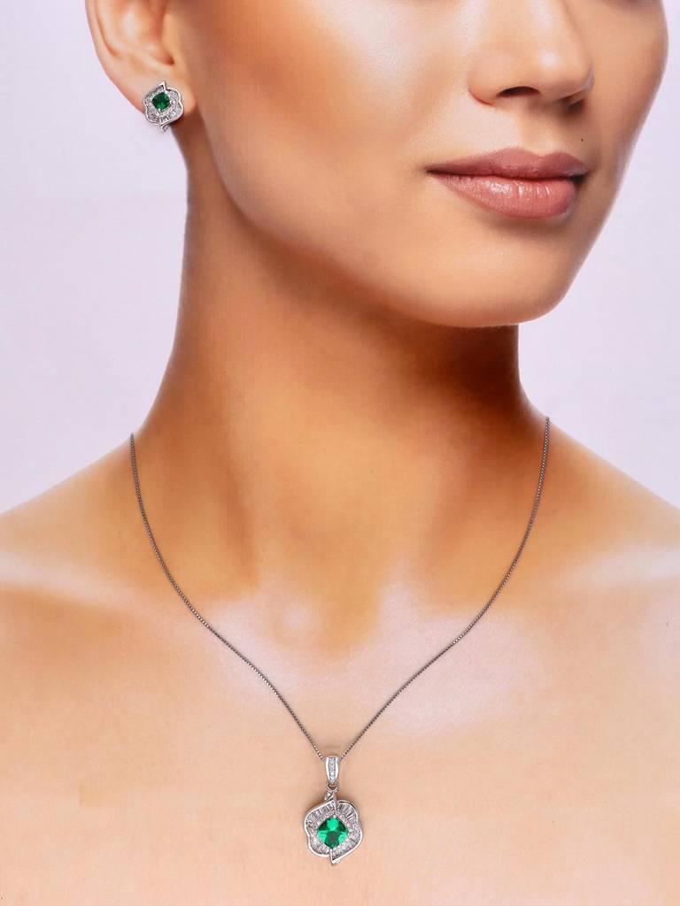 Sterling Stylish Green Flora Zircon Pendant With Chain & Earrings Set : PSCP111-S-NA