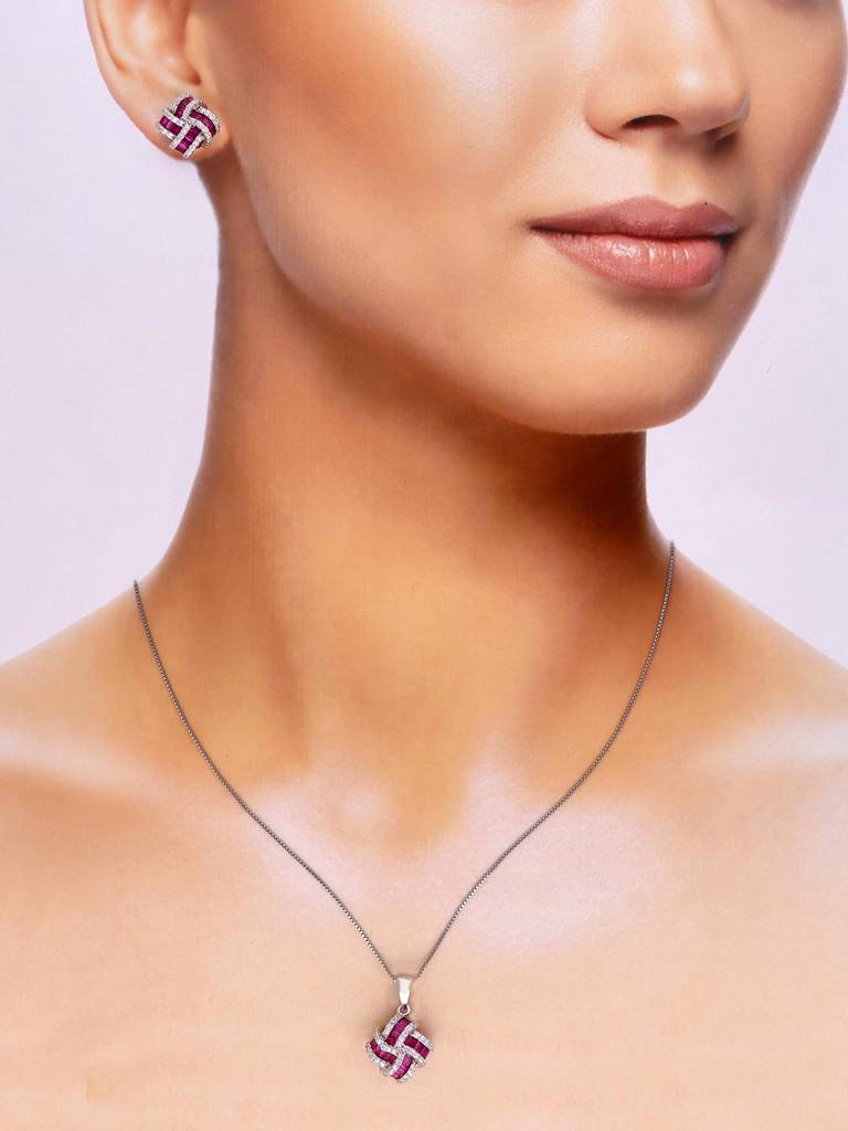 Sterling Pink Knotted Brilliance Pendant With Chain & Earrings Set : PSCP116-S-NA